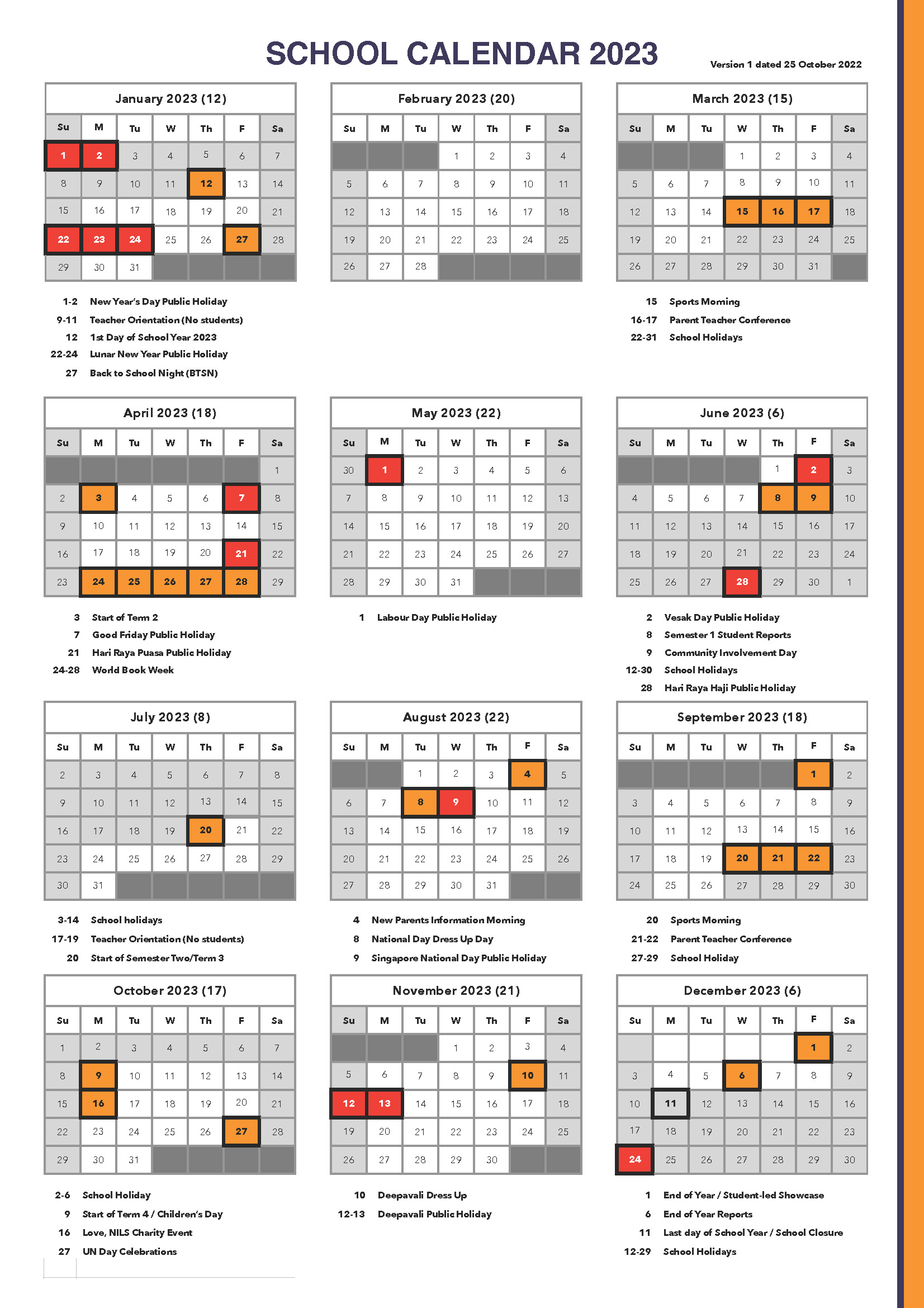 International School Calendar The Grange Institution