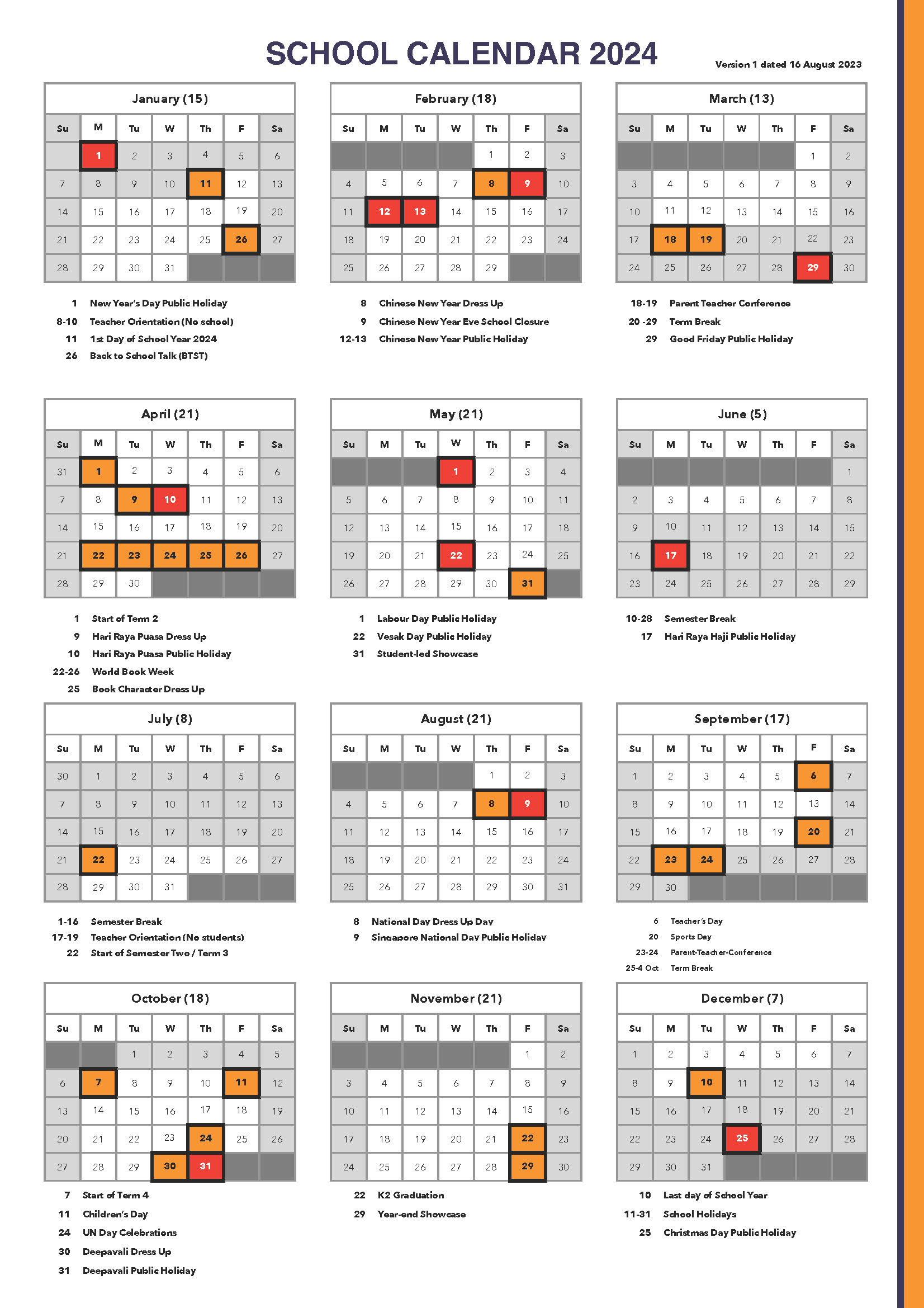 International School Calendar The Grange Institution